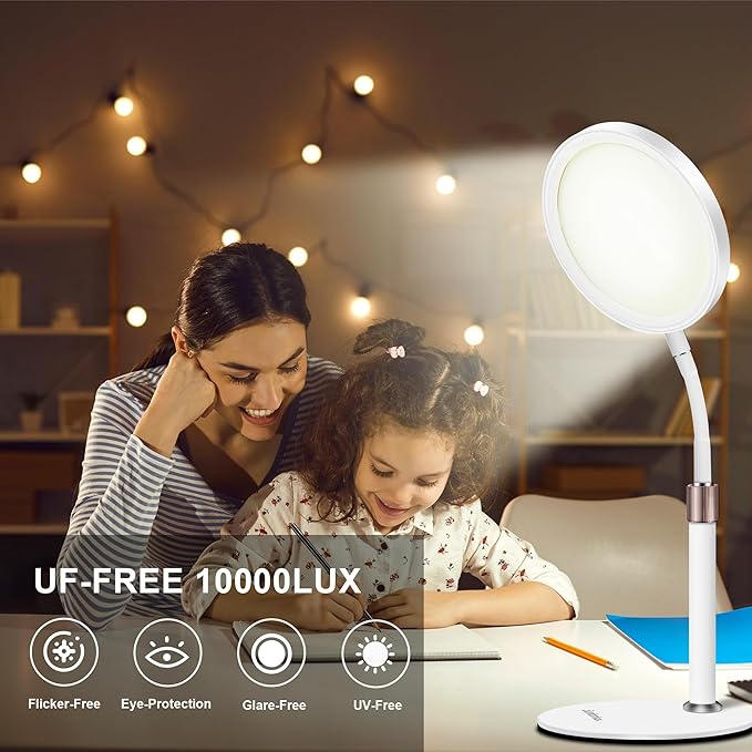 Light Therapy Lamp, UV-Free 10000 Lux Therapy Light with 3 Color Temperature Modes & Adjustable Brightness & Timer, Happy Therapy Lamp for Lift Mood