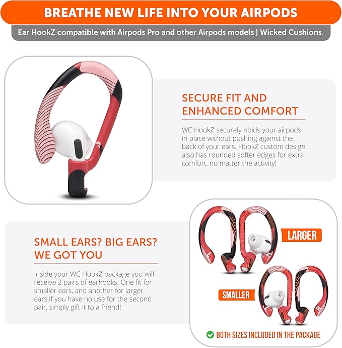 WC HookZ - Patented Upgraded Over Ear Hooks for AirPods Pro 1, 2 & AirPods 1, 2 & 3- Two Size Pairs Included in Package, Unique Left & Right Hook, Made by Wicked Cushions | Red Prism
