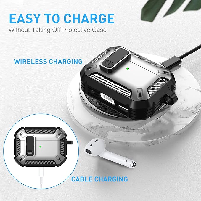 Maxjoy for AirPods Pro Case Cover with Lock, AirPods Pro 1st Generation Case for Men Military Rugged Protective Cover with Keychain Compatible with Apple AirPod Pros 2019 Front LED Visible, Silver