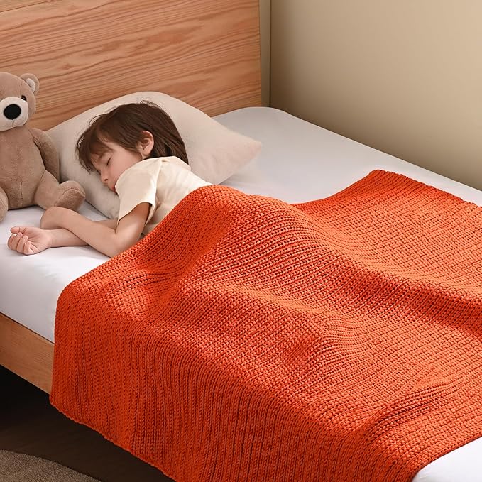 Guohaoi Knitted Weighted Blanket Kids (Orange 50"x60" 10lbs) No Beads Cooling Heavy Blanket, Home Decor Breathable Chunky Knit Throw Blanket for All-Season Use