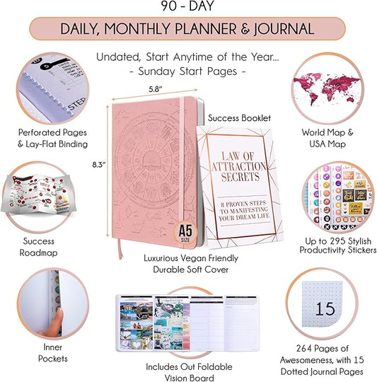 Manifestation Journal - 5 Minute Manifesting & Self Care Journal | 90-Day Undated Daily Planner for Positivity, Affirmations & Gratitude | Guided Mindfulness, Reflection | Vision Board + Stickers