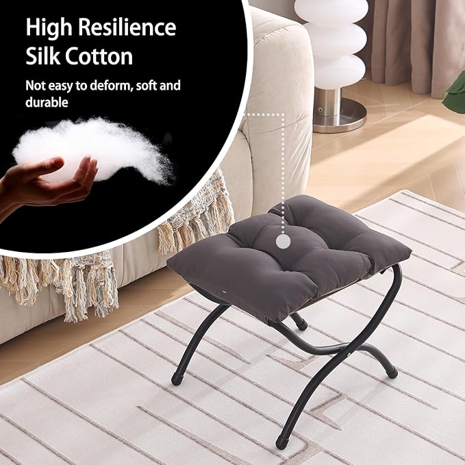 Welnow Folding Foot Stool, Upholstered Small Accent Ottoman with Detachable Thick Cotton Cushion Padded Sofa Stool and Metal Frame for Lazy Chair, Living Room, Bedroom, Dark Grey