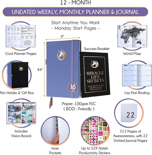 Life Planner - Undated Daily, Weekly & Monthly Planner with Budget Section | A 12 Month Journey to Increase Productivity & Happiness | Life Organizer & Gratitude Journal - Horizontal Format