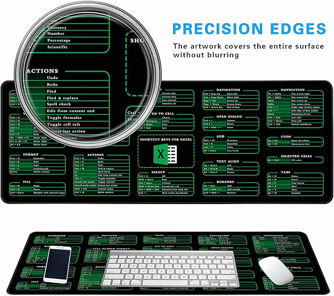 Excel Cheat Sheet Desk Pad, 31.5"x11.8", Waterproof Extra Large Excel Shortcut Mat with Stitched Edges, Anti-Slip Excel Mouse Pad for Office Desk, MS Excel/Word Shortcuts (Green Excel A)