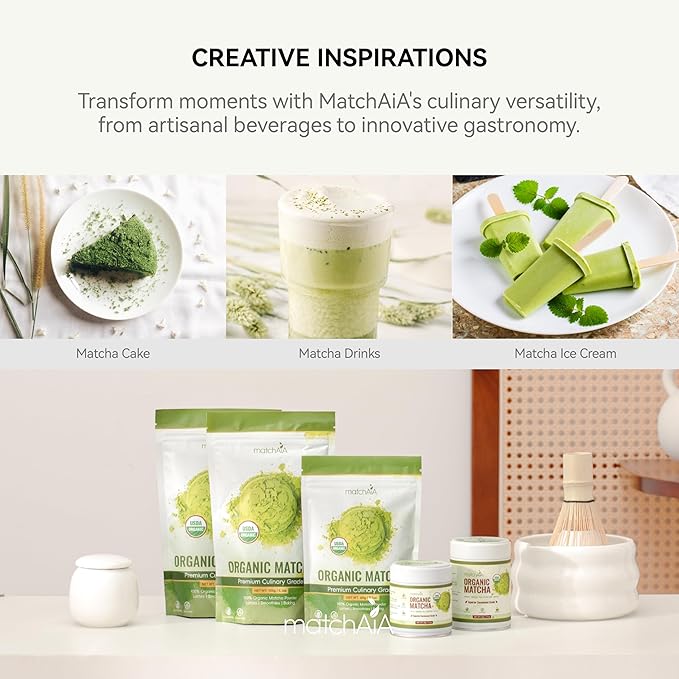 MatchAiA Organic Matcha Green Tea Powder - Premium Culinary Grade, USDA Certified, 100% Pure - Perfect for Lattes, Smoothies, Desserts and Baking - Sugar Free, Gluten Free (350g / 12.3oz Tin)
