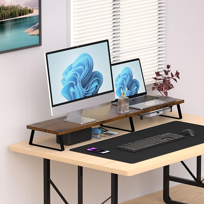 Vintage Wooden Dual Monitor Stand - 2 Monitor Riser with Metal Legs & Drawer, Office Desk Organizer