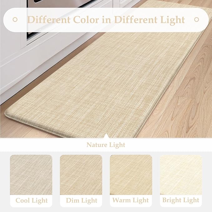 KIMODE Kitchen Mats Cushioned Anti Fatigue 17"x47"+17"x29", Beige Padded Kitchen Floor Mats Non Slip, Comfort Textilene Kitchen Mats for Floor, Standing Mat for Laundry Office Sink Desk
