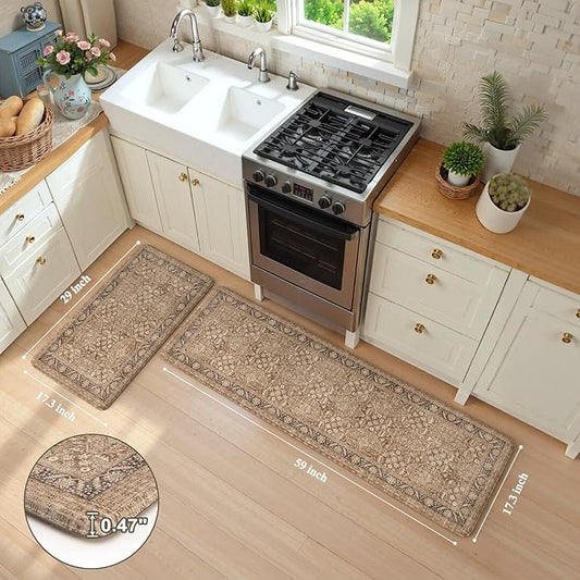 KIMODE Farmhouse Anti Fatigue Kitchen Mat, 17"x59"+17"x29" Vintage Kitchen Rugs, Waterproof Kitchen Floor Mats Non Slip, Comfort Foam Standing Mat for Sink, Laundry, Office, Desk Brown