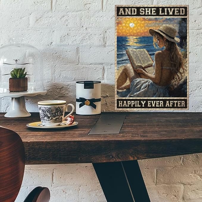 1000 Piece Wooden Jigsaw Puzzle and She Lived Happily Ever After Girl Reading Book Adults & Kids Time Killing Challenge Stress Relief Quiet Play for Rainy Days Long Car Rides 29.5x19.7 Inch