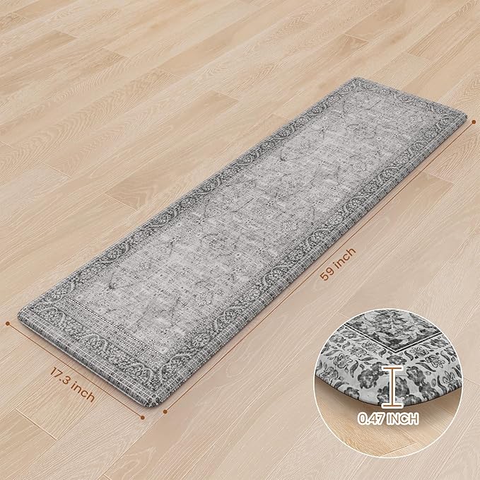 KIMODE Anti Fatigue Kitchen Mat, Cushioned Farmhouse Kitchen Runner Rug, Non Slip Waterproof Kitchen Mat for Floor, Comfort Foam Standing Desk Mat for Laundry, Office, Sink Grey 17.3"x59"