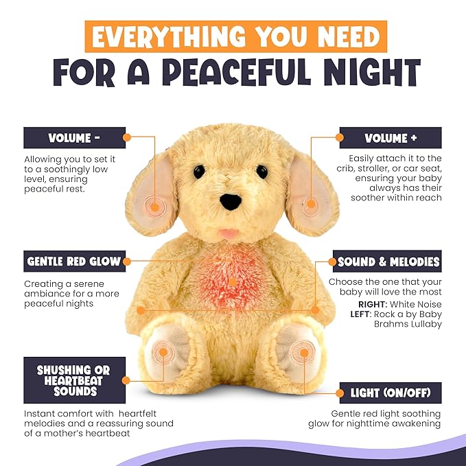 Gemma Joy Baby Sleep Soother Puppy for Baby – Cry Activated Heartbeat Stuffed Animal – Rechargeable Crib Soother with White Noise, Shush, Lullabies & Night Light – Newborn Essentials Must Haves