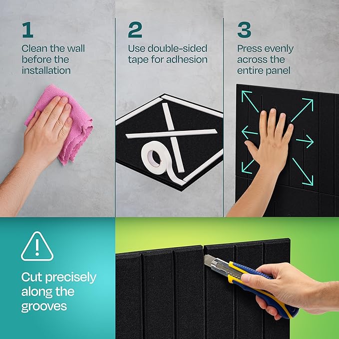 Acoustic Panels 12-Pack Soundproof Wall Panels 12"x12"x0.4" Decorative Sound Dampening for your Home, Office, Studio, Bedroom & More with Unique LineWave Carving [Deep Black]