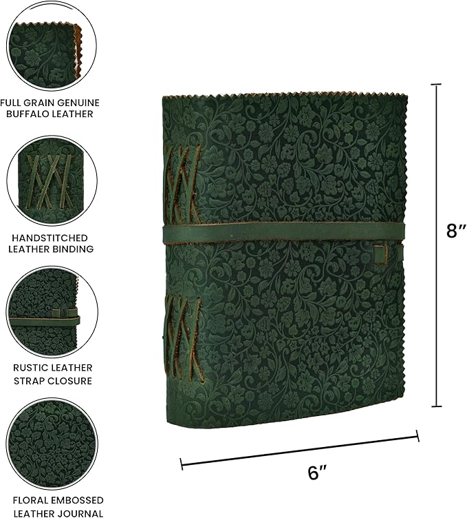 LEATHER VILLAGE Leather Bound Floral Embossed Journal for Women Men - 200 Pages, 8”X6”(A5), Green - Book of Shadows, Vintage Blank Paper Travel Diary, Notebook for Writing, Drawing, Sketchbook