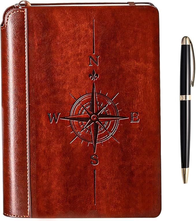 SETTINI® Lined Journal - Compass Journal for Writing Gift Set - Hardcover Vegan Leather, Includes Luxury Pen in a Unique Pen Holder, 192 Pages, 6 x 8.5 inches, Birthday Gift