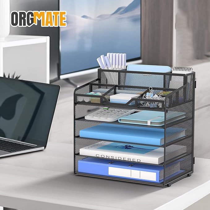 5 Tier Mesh Desk Organizer,Multi Functional Letter Paper Tray with 3 Pen Holders and 5 Adjustable Storage Compartments for Office Supplies Files and Mail Space Saving Desktop Organizer-Black