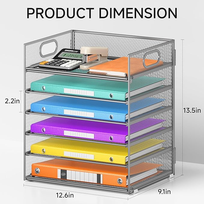 6 Tray Paper Organizer Letter Tray with Handle - Mesh Desk File Folder Holder, Paper Sorter for Office, Home or School - Silver