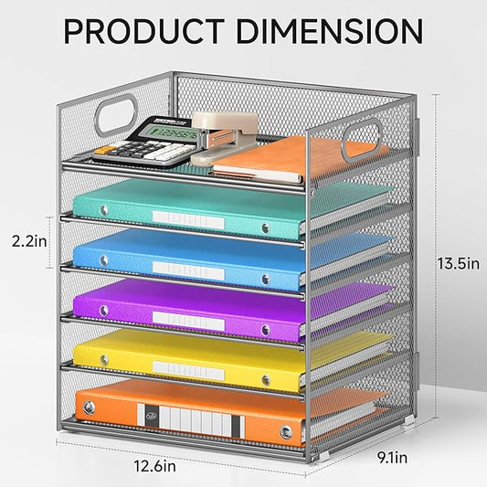 6 Tray Paper Organizer Letter Tray with Handle - Mesh Desk File Folder Holder, Paper Sorter for Office, Home or School - Silver