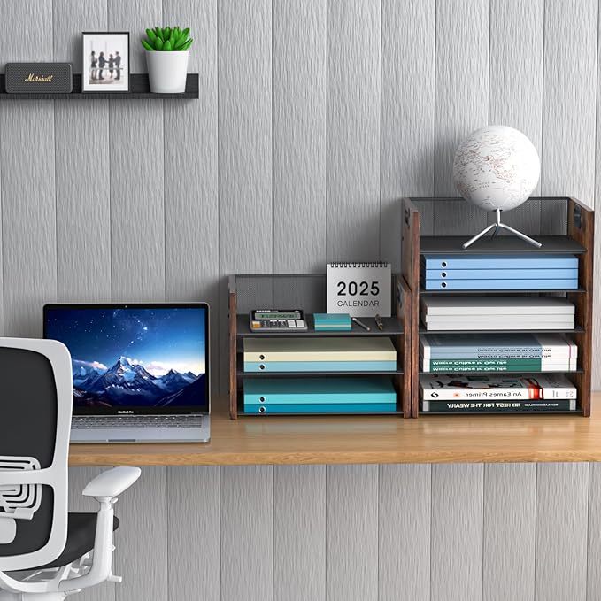 5 Tier Wood Paper Organizer for Desk, Metal Office Organizer and Accessories with Handle, Mesh File Holder for Desk, File Cabinets for Home Office, School