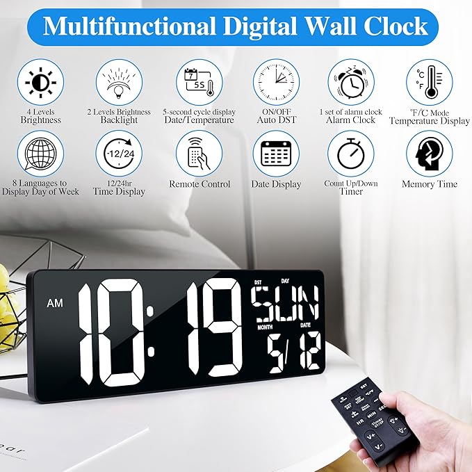 Large Digital Wall Clock with Remote Control 17.2" LED Large Display Timer with Temperature Date Week Auto DST Adjustable Brightness, Big Wall Alarm Clock for Living Room Office Garage Gym Seniors