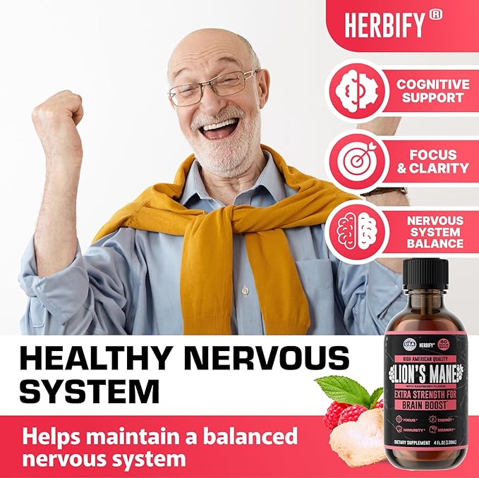 HERBIFY Lions Mane Supplement - Daily Mushroom Supplement for Memory, Focus & Clarity - Brain Booster - Lions Mane Tincture for Natural Immune Support - 4 Fl Oz Raspberry Flavor