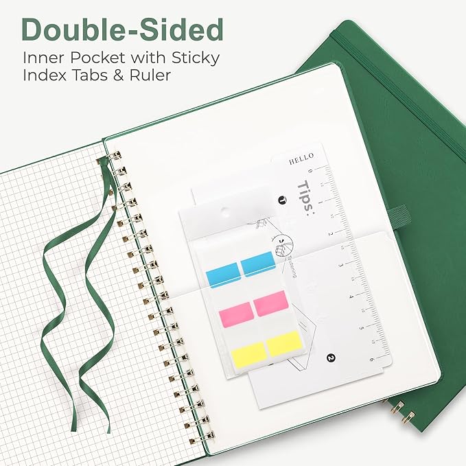 RETTACY Graph Grid Paper Notebook, 140 Pages, B5 Medium Size (7.6'' × 10''), 5 Squares per Inch, Leather Hardcover, 100 GSM Thick Paper, for School, Students, Math, Engineering (Dark Green)