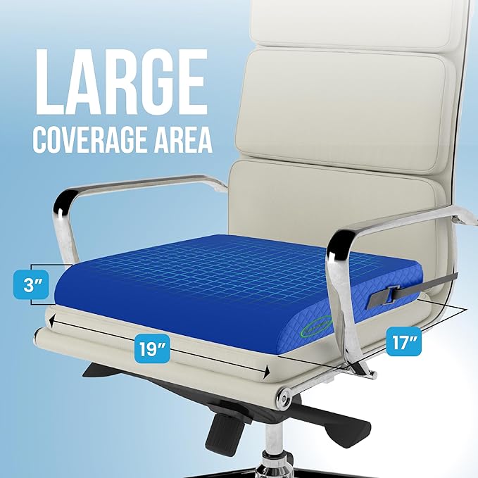 Extra Large Memory Foam Seat Cushion - Wheelchair Cushion Pad, Anti-Slip, Removable Strap, Coccyx Pain Relief, 19” X 17” X 3” (Blue)