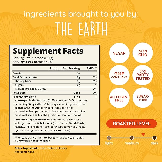 Mushroom Coffee with 125mg Caffeine – Lion’s Mane, Cordyceps, Reishi & Chaga | Adaptogen Nootropic Instant Mushroom Coffee for Energy & Focus | Medium-Dark Roast, Vegan, No Sugar – 30 Servings