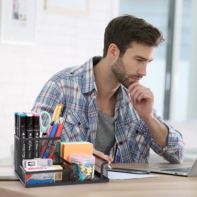 Ludato 4 Pieces 3 Compartments Mesh Pen Holder Desk Organizers Caddy and Accessories for Desk,Black Pencil Holder,Sticky Notes Holder for Home,Office and School