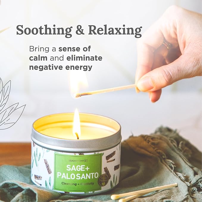 MAGNIFICENT 101 Sage & Palo Santo Aromatherapy Candle - 6 Oz White Soy Wax - 35-Hour Burn & Energy Cleansing - Manifestation & Meditation Accessories - Spiritual Decor & Gifts for Women