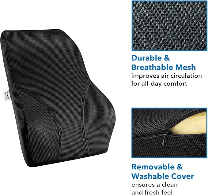 Mount-It! Office Chair Cushion, Lumbar Support Pillow for Office Chair, Back Support Pillow for Desk Chair, Gaming, Home or Car with Memory Foam Filling, Relief Back Pain Improve Posture, Black Large