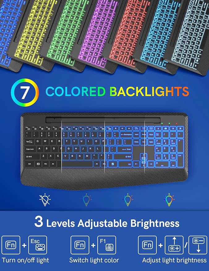 Wireless Keyboard with 7 Colored Backlits, Wrist Rest, Phone Holder, Rechargeable Ergonomic Computer Keyboard with Silent Keys, Full Size Lighted Keyboard for Windows, MacBook, PC, Laptop (Black)
