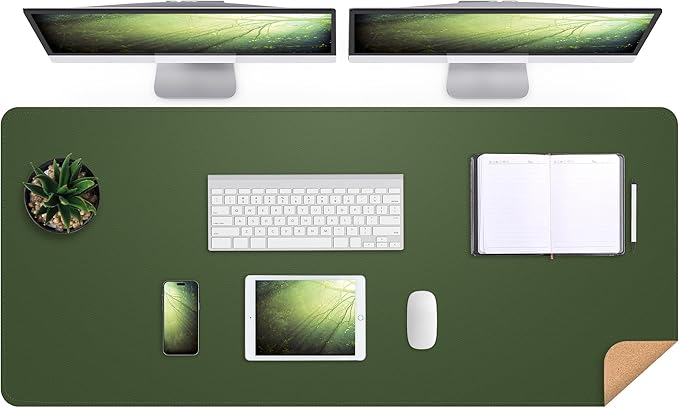 Leather Desk pad Protector, Large Desk mat with Natural Cork & PU Leather,Mouse pad,Non-Slip Office Desk Mat,Waterproof Desk Writing Pad for Office and Home (47in*17in,Military Green)