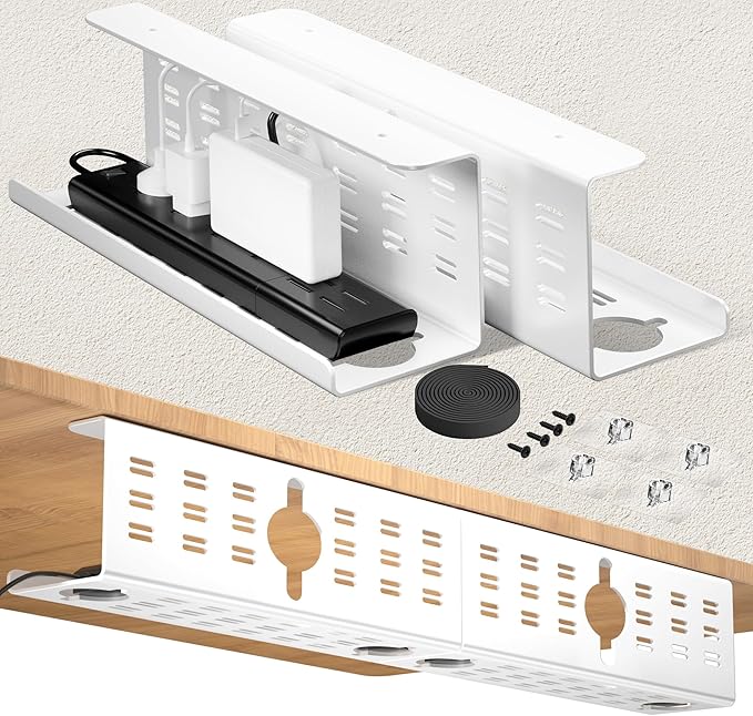 2 Pack Cable Management Under Desk White, Cinati 32" Large Cable Management Tray, Under Desk Alloy Steel Wire Organizers, Cord Hider Tray for Office and Home - Tape or Screw Installation