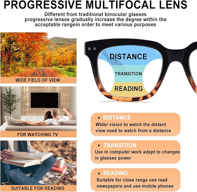 Progressive Multifocus Reading Glasses for Women Men Blue Light Blocking Spring Hinge Square Computer Readers