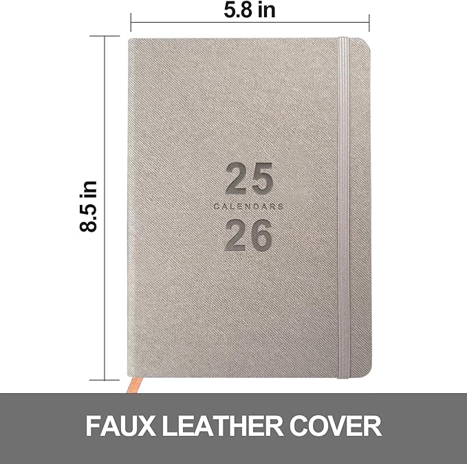 Daily Planner 2025-2026, Academic Planner 2025-2026 Weekly and Monthly Planner, Calendar Book with Hourly Schedule 8.5"x5.8", July 2025 to June 2026, Faux Leather Cover (Grey)