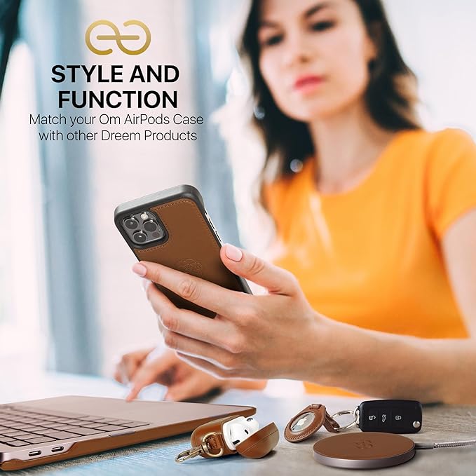 Dreem Om Case Cover with Keychain Clip Compatible with AirPods Pro 2/Pro, Protective One-Piece Hard Shell, Luxury Vegan Leather AirPod Pro Case 2nd/1st Generation with Separate Clip [Chocolate]