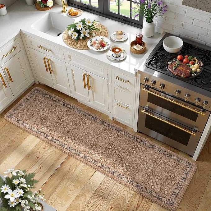 KIMODE Anti Fatigue Mats for Kitchen Floor, 20"x71" Boho Vintage Kitchen Runner Rug, Cushioned Floor Mat Non Slip, Memory Foam Standing Mat for Sink Laundry Office Desk Brown