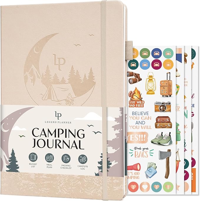 Legend Camping Journal – Hardcover Camper & RV Trip Planner – Notebook to Plan Travel & Camp Adventures with Packing Checklist, Meal Plan & Camping Bucket List – 30 Trips, 7" x 10" (Seashell)