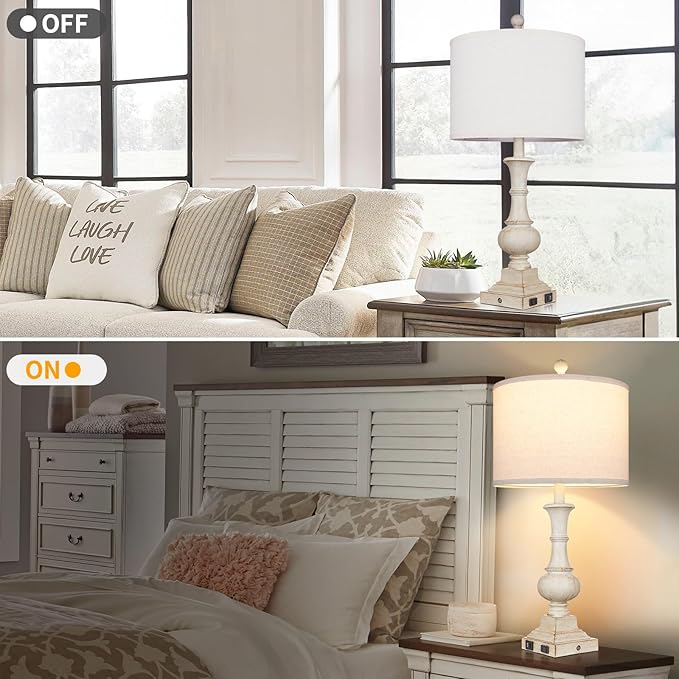 26" Farmhouse Table Lamp, Vintage Rustic Touch Control Bedside Lamp with 2 USB Ports & AC Outlet, Boho Resin 3-Way Dimmable Nightstand Lamp Linen Fabric Shade for Living Room Bedroom End Table White
