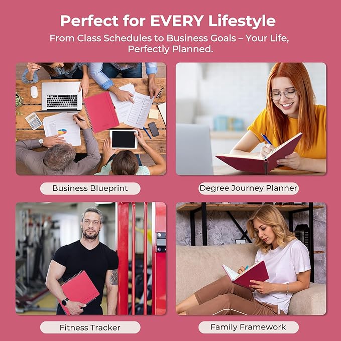 Planner 2025-2026 Daily Weekly and Monthly,11.5"x8.5",18 Months Spiral Bound Calendar Agenda with Self-adhesive Pen Holder,2026 Academic Plan with Vegan Leather Soft Cover,Rose Red