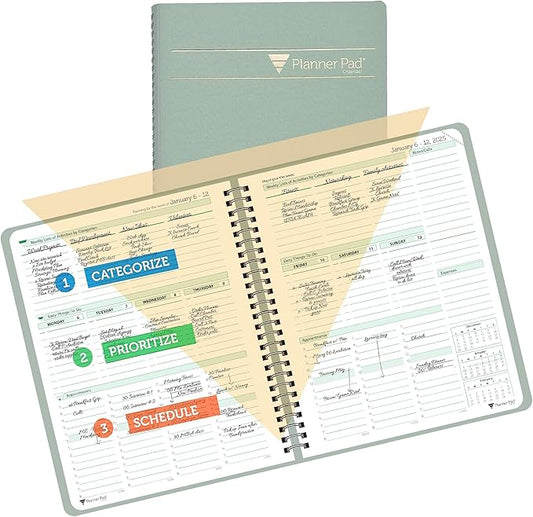 Planner Pad Spiral Bound January-December 2025/ Calendar Year 6 3/4" x 8 1/2" Medium 3-Tier Funnel Down 12 Month Organizer, Greenish Grey Cover/Soft Green Ink