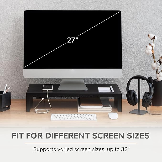 Anji Mountain Wooden Monitor Stand - Elegant Monitor Riser, Perfect Monitor Stand for Desk Organization, Durable Wood Construction monitor stands, Enhances Ergonomics and Workspace Efficiency,Black