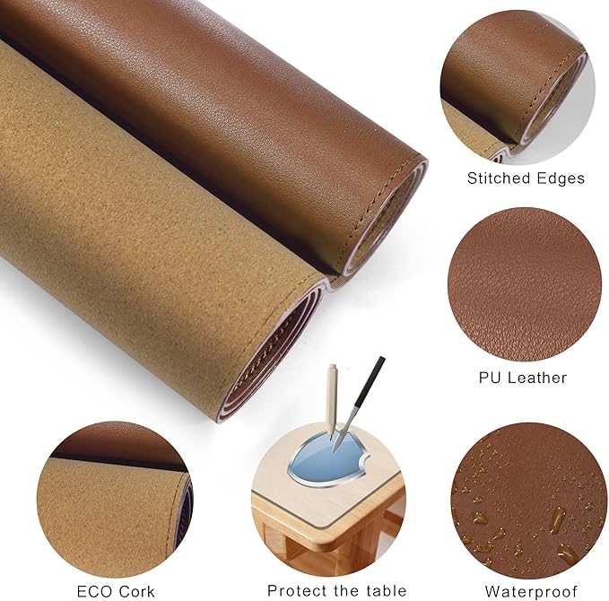 MAIDERN 43.3”x 19.6” Leather Desk Mat, Large Desk Pad, Cork & Leather Large Mouse pad for Desk, Waterproof Computer Desk Mat for Gaming Home Office (Brown)