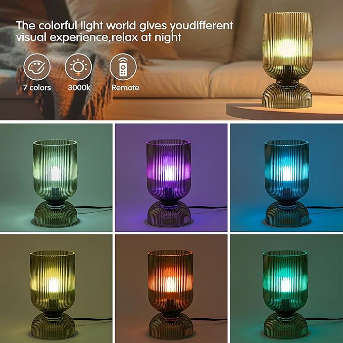 Modern RGB Glass Table Lamp with Remote，Color Changing Bedside Lamp with Green Glass Shade, 16 Colors, On/Off Cord Switch, Nightstand Lamp for Bedroom, Living Room, Office,Bulb Included