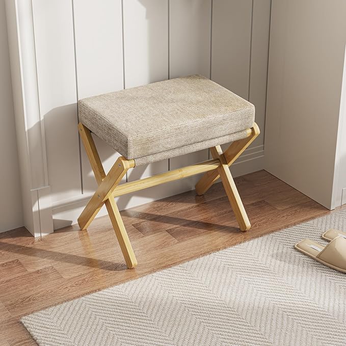 Foldable Foot Stool Ottoman, Modern Foot Rest with Bamboo X Legs & Thick Foam Cushion, Folding Foot Stools Small Padded for Bedroom Living Room, Makeup Vanity Stool Chair (Natural - Brown)