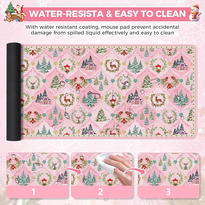 iCasso Christmas Desk Mat, Pastel Pink Mouse Pad, Desk Protector Mat, Extra Large Office Matt for Desktop, Anti-Slip XXL Big Mousepad with Stitched Edges for Computer Keyboard