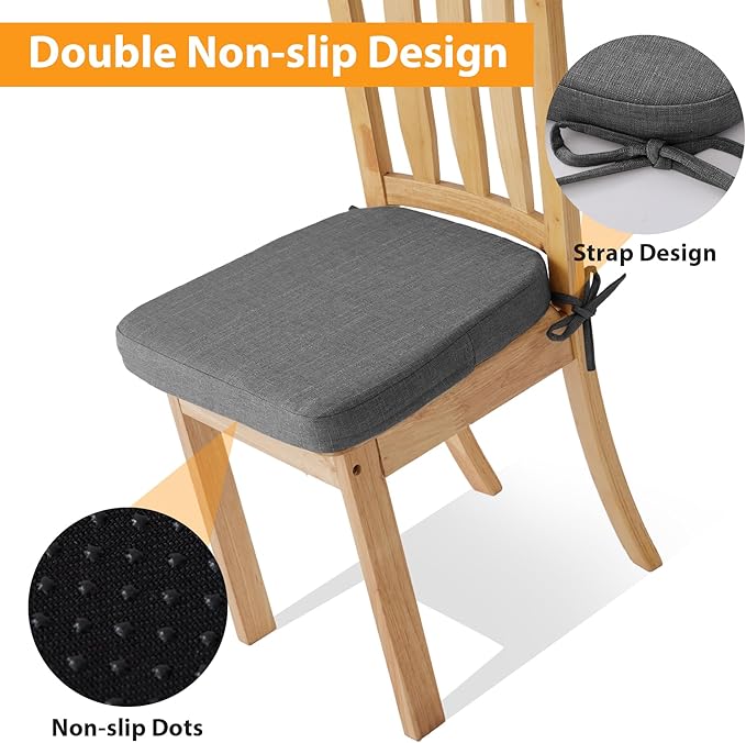 Chair Cushions for Dining Chairs, 2" Thick Seat Cushions for Kitchen Chairs, D-Shaped Chair Pads with Washable Cover, Ties and Non Slip Backing, 17'' x 16'', Set of 6, Dark Grey