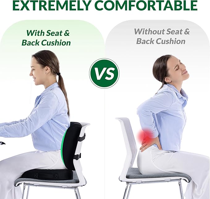 Seat Cushion & Adjustable Lumbar Support Pillow Set,Charcoal Memory Foam for Sciatica,Back & Tailbone Pain Relief,Washable Cover & Non-Slip,Ergonomic for Office Chair,Car,Wheelchair -Black