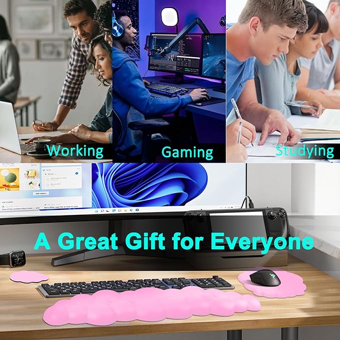 Cloud Keyboard and Mouse Wrist Rest Pad for Computer Arm Pain Relief- Ergonomic Wrist Support Mousepad with Non-Slip PU Base for Office, Gaming, and Home Use Anti-Fatigue(Pink)