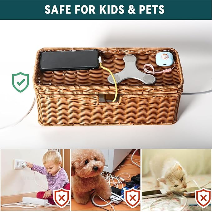 Handmade Cable Management Box, Rattan Cord Organizer Basket with Border Bar Lid, 3 Open Slots Cords Hider Box, Desk Organizer for TV Wires Computer Router USB Hub & Power Strip (Natural)